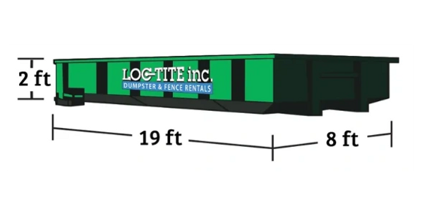 Illustration of a green 10 yard concrete Roll Off Dumpster with Loc-Tite Inc. logo on the side of th