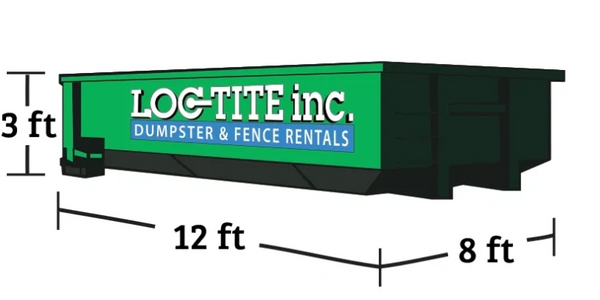 Illustration of a green 10 yard Roll Off Dumpster with Loc-Tite Inc. logo on the side of the box. 