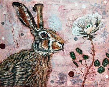 Oil painting by Memphis artist Casey Smith depicting  city rabbit , pink background, with flower.
