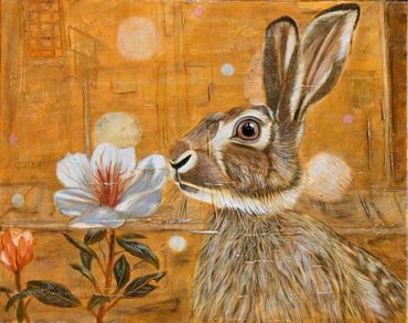 Oil painting by Memphis artist Casey Smith depicting a city rabbit, orange background, with flower.
