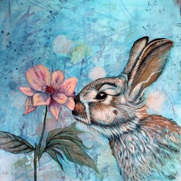 Oil painting by Memphis artist Casey Smith depicting a city rabbit, blue background, pink flower.
