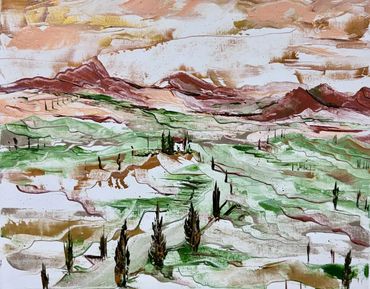 Oil painting by Memphis artist Casey Smith depicting an Italian landscape rich in copper color. 