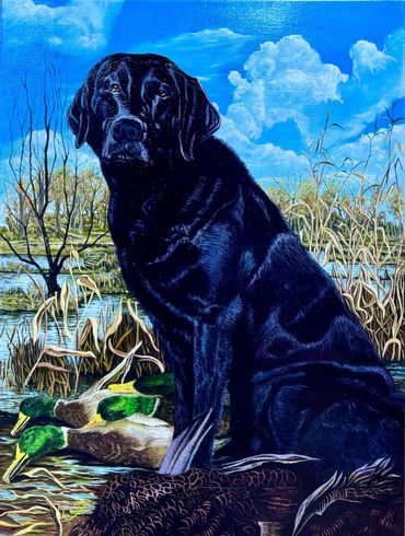 Oil-on-canvas pet portrait of Ollie, black lab duck hunting dog by Memphis, TN, artist Casey Smith.