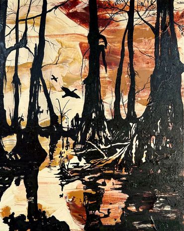 Oil painting by Memphis artist Casey Smith depicting a duck flying away near a duck blind. 