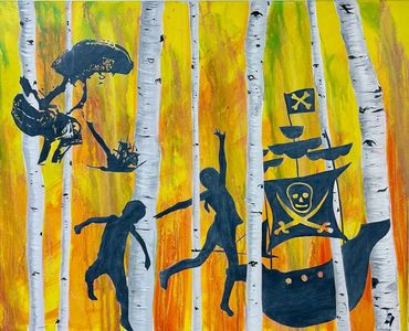Oil painting by Memphis artist Casey Smith depicting children playing among birch trees.