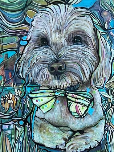 Oil-on-canvas pet portrait of Monty in his backyard by Memphis, TN, artist Casey Smith.