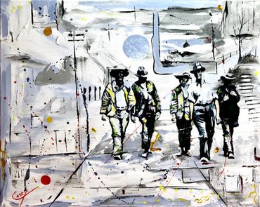 Oil painting by Memphis artist Casey Smith depicting men from the 1930's walking in an abstract city