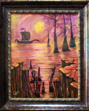 Oil painting by Memphis artist Casey Smith of a viking ship out to sea. 