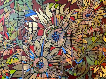 Mixed Media painting by Memphis artist Casey Smith abstract representation of sunflowers. 