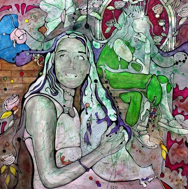 Oil painting by Memphis artist Casey Smith depicting a girl and herself in thought. 