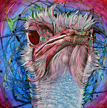 Oil painting by Memphis artist Casey Smith depicting an ostrich.
