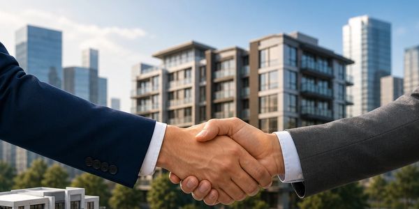 Two people shaking hands over a real estate deal with building models and icons.
