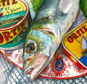 Watercolor painting of a fresh fish surrounded by Ortiz canned seafood.