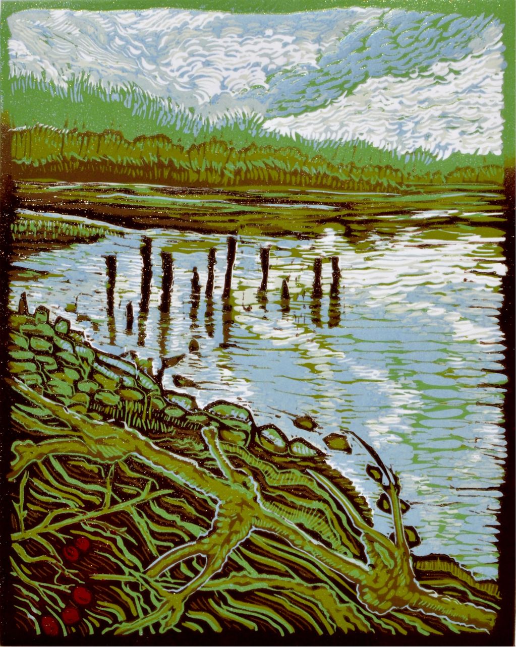 Woodcut-style landscape of a lakeside with logs, water, and cloudy sky.