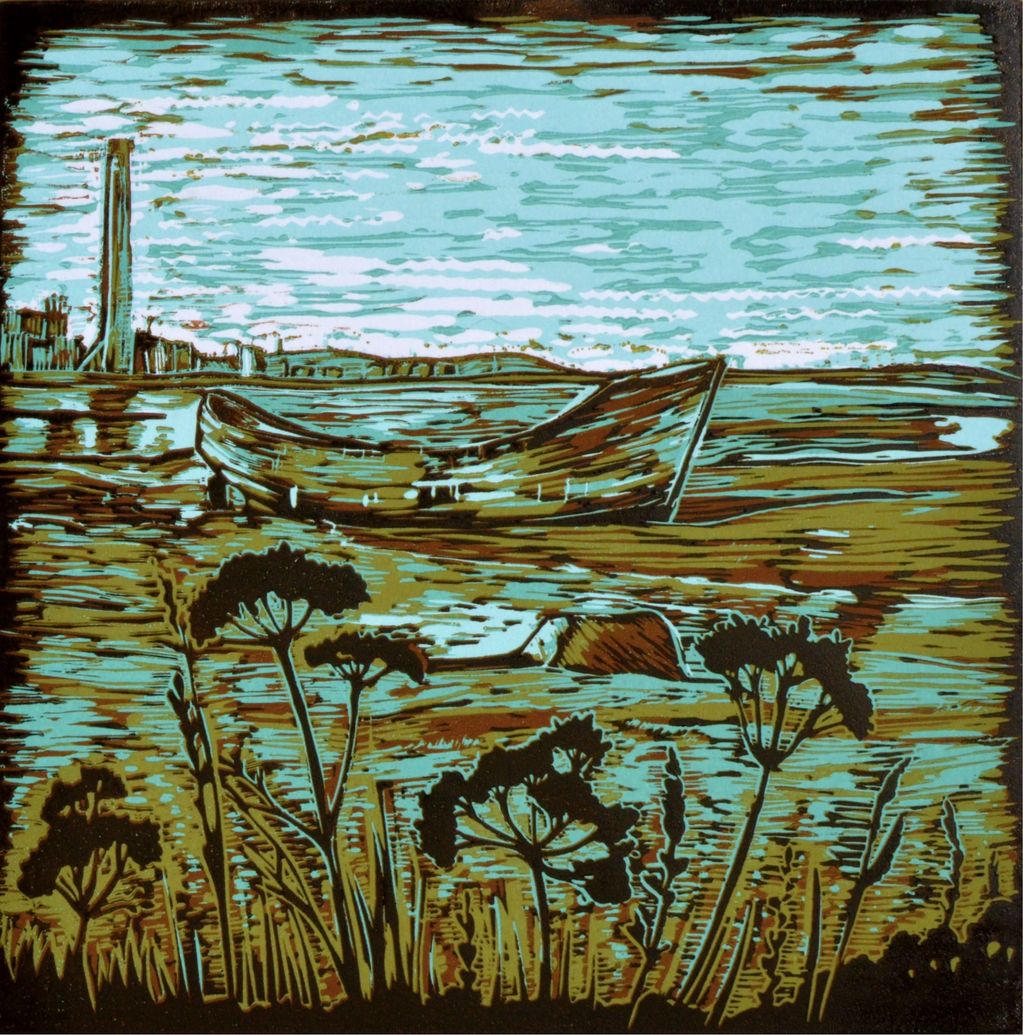 Woodcut-style art of a boat on a calm shore with plants in the foreground.