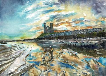 Watercolor painting of a castle on a hill at sunset with reflective water below.