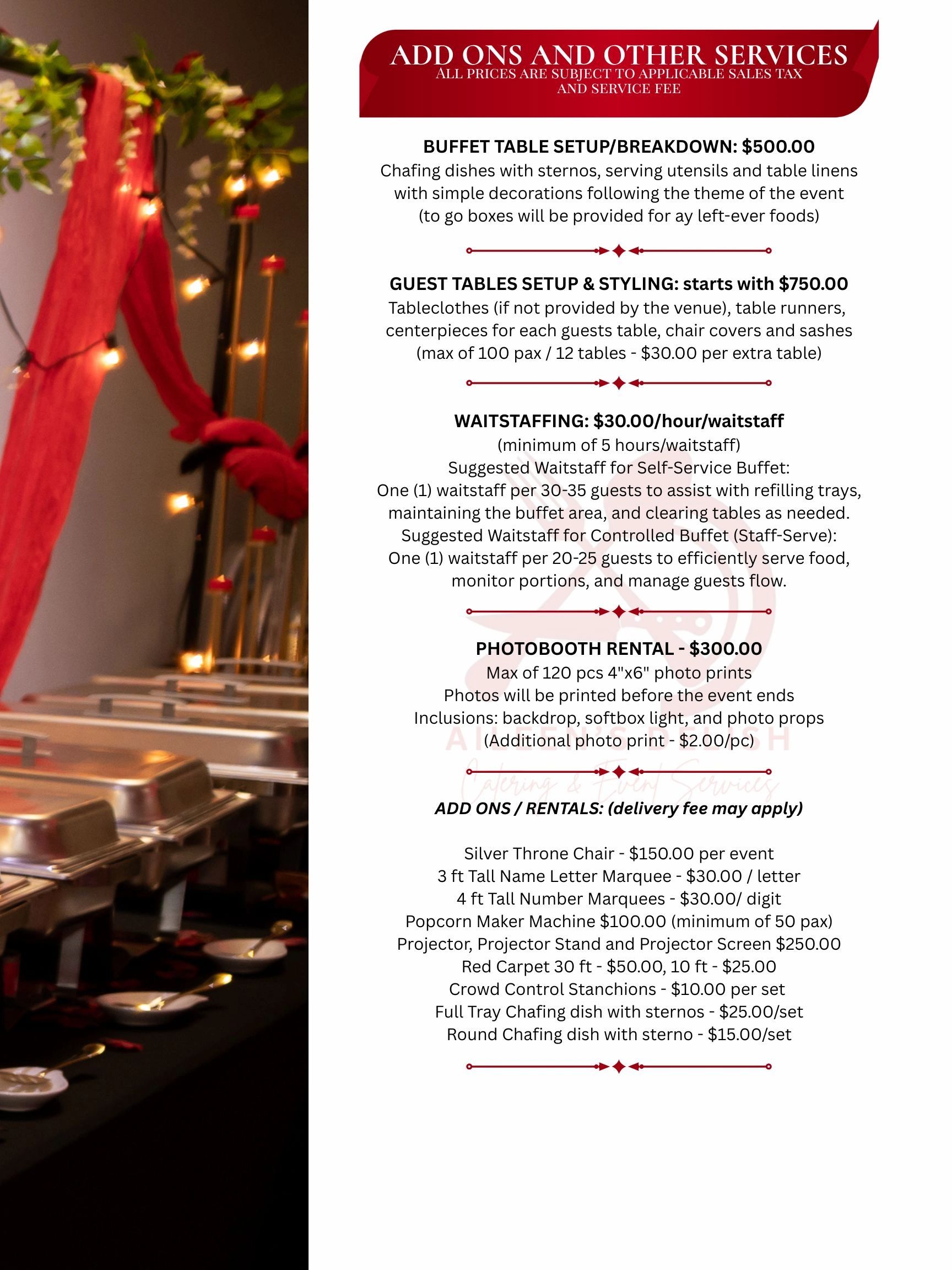 Event add-ons and services pricing for buffet setup, guest tables, waitstaff, photobooth, and rentals.