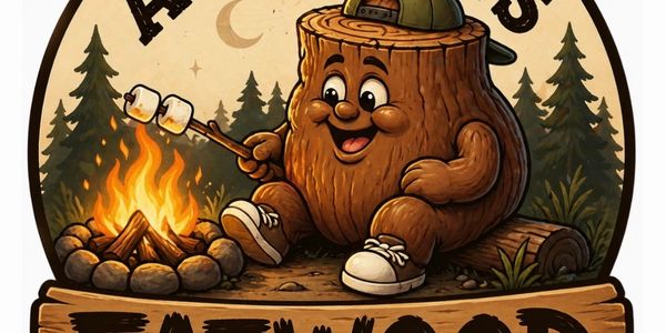 Cheerful tree stump roasting marshmallows by campfire at night.