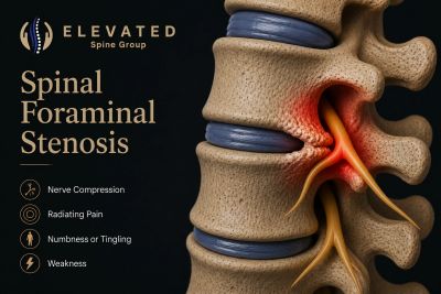 3D spine model showing spinal foraminal stenosis and symptoms.