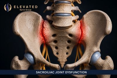 Illustration of sacroiliac joint dysfunction with highlighted inflammation.