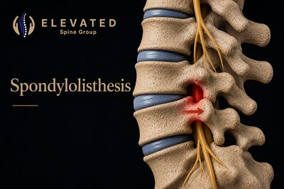 Illustration of spondylolisthesis in the spine showing vertebral displacement.