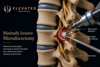 Diagram of minimally invasive microdiscectomy on the spine.