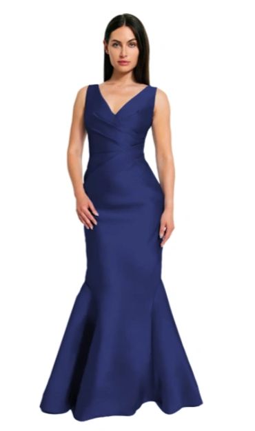 Elegant navy blue mermaid gown with a deep V-neck.