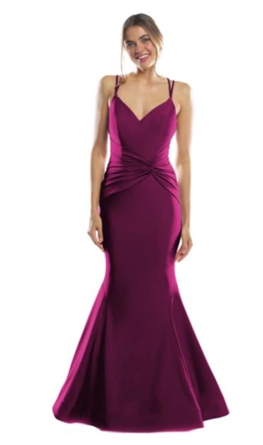 Elegant magenta mermaid gown with ruched waist detail and thin straps.