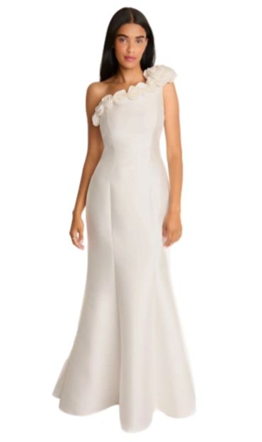 Elegant white one-shoulder gown with floral accents on the strap.