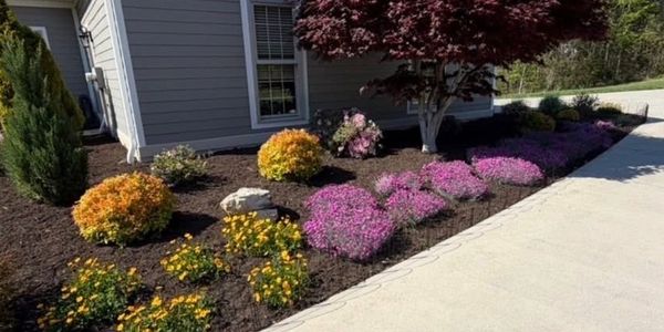 A colorful flower bed along a house with yellow, orange, and purple flowers.