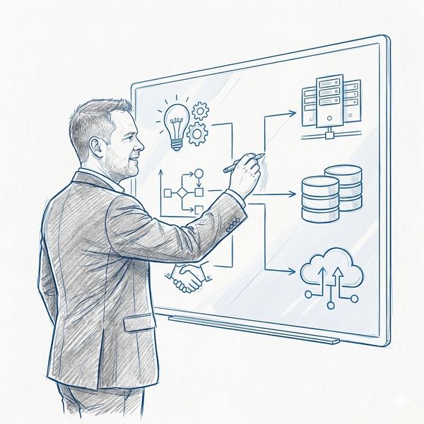 Skizze: Experte übersetzt Business-Anforderungen in strukturierte IT-Architektur.