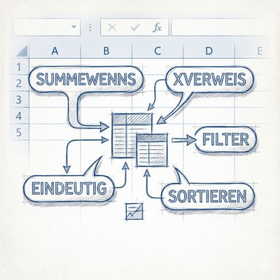 Skizze: Moderne Excel-Funktionen wie SUMMEWENNS für Profi-Datenanalyse.