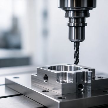 Metal CNC milling machine machining a metal block.