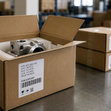 Open cardboard box with metal components ready for export.