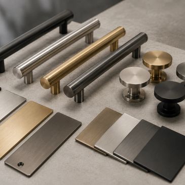 Various metal cabinet handles, knobs, and plates in different finishes.