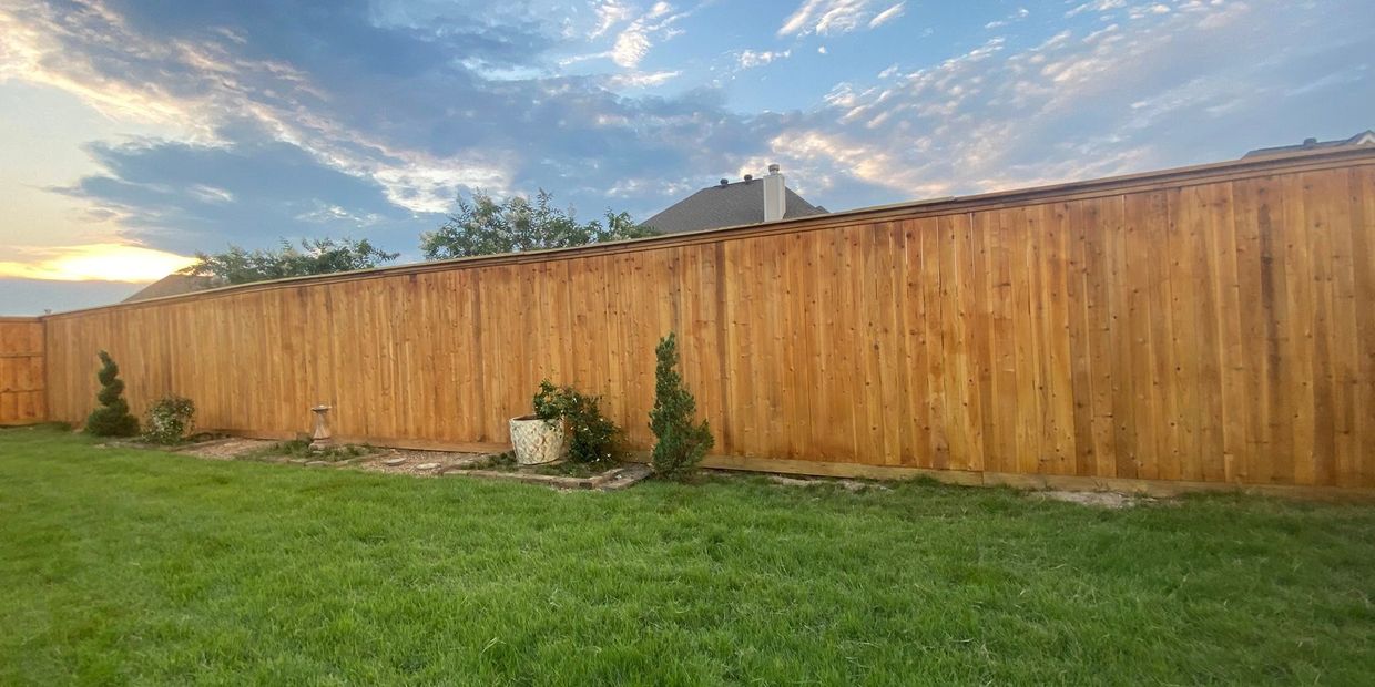 A backyard with a wood fence, green grass, and a partly cloudy sky at sunset.