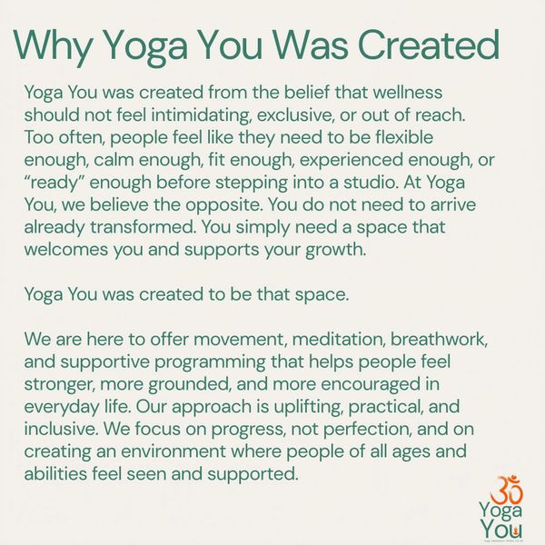 Yoga You offers an inclusive wellness space focusing on progress and support for all.