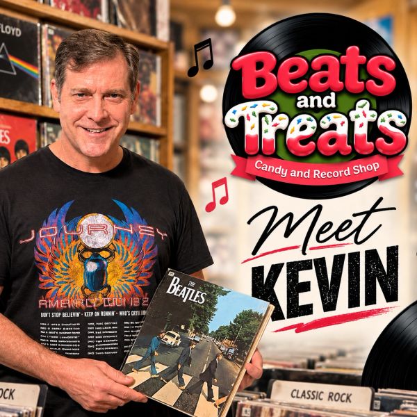 Man holding a Beatles record in a music shop.