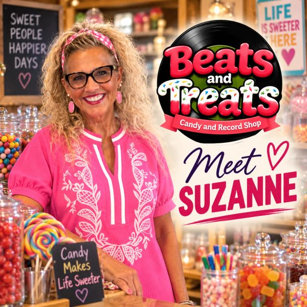 Suzanne stands smiling in a colorful candy and record shop.