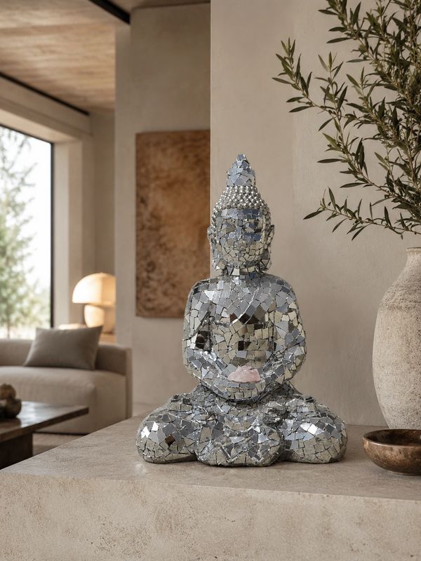 Shiny mosaic Buddha statue on a stone surface in a modern living room.