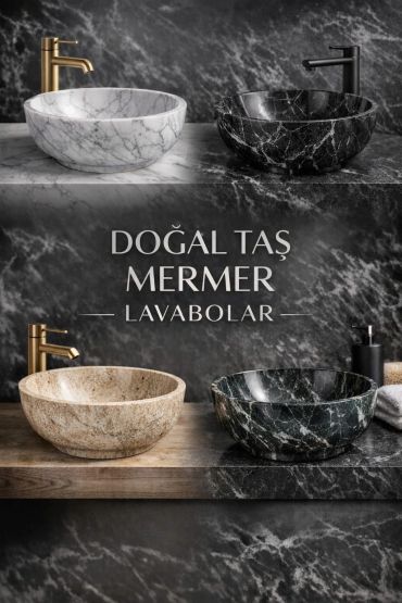 Four marble sinks with stylish faucets on stone countertops.
