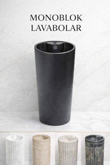 Modern monoblock pedestal sinks in various stone finishes.
