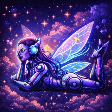 A futuristic robotic fairy lounges in a glowing cosmic space, headphones on and wings shimmering.
