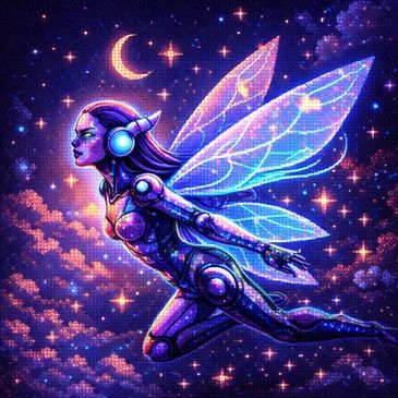A futuristic fairy with glowing wings flying under a crescent moon.