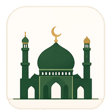Illustration of a green mosque with crescent moon and minarets.