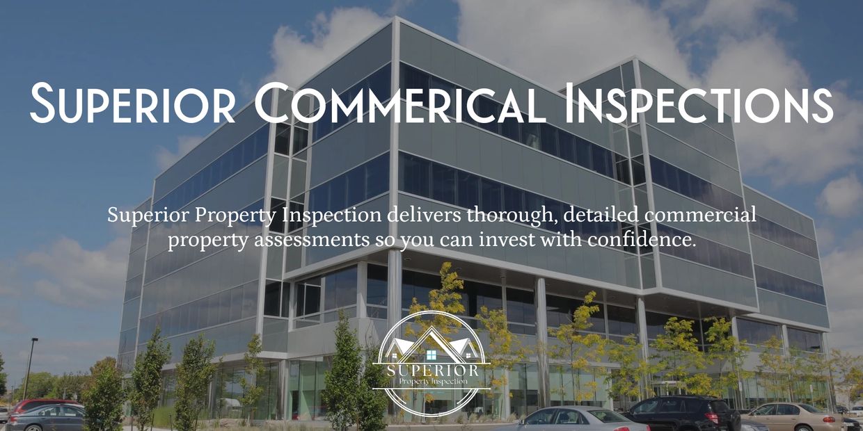 Commercial property inspection advertisement with a modern office building.
