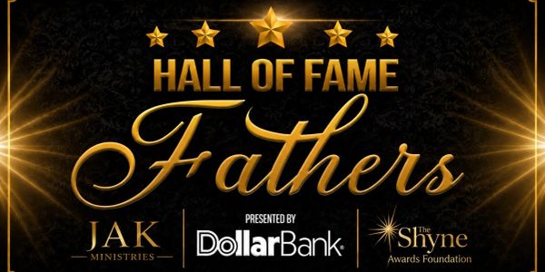 Elegant Hall of Fame Fathers banner with gold stars and sponsors.