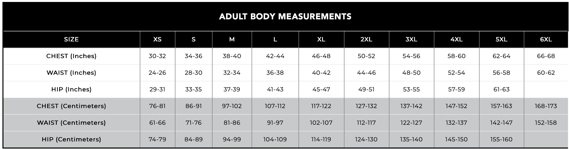Adult body measurement size chart in inches and centimeters.