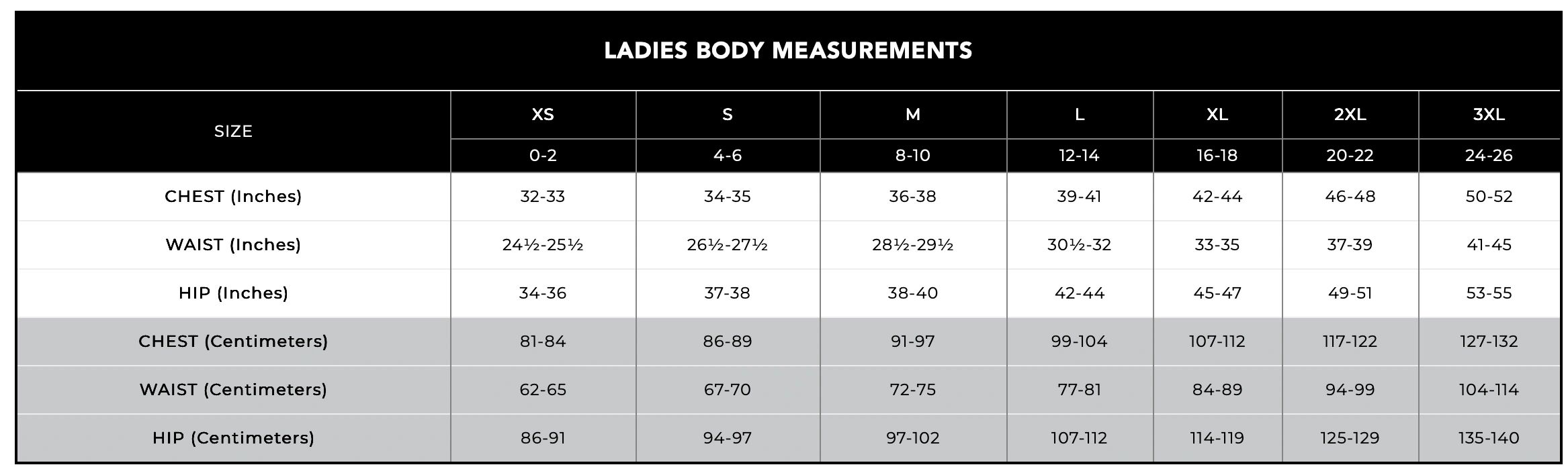 Ladies body measurement chart for different sizes.