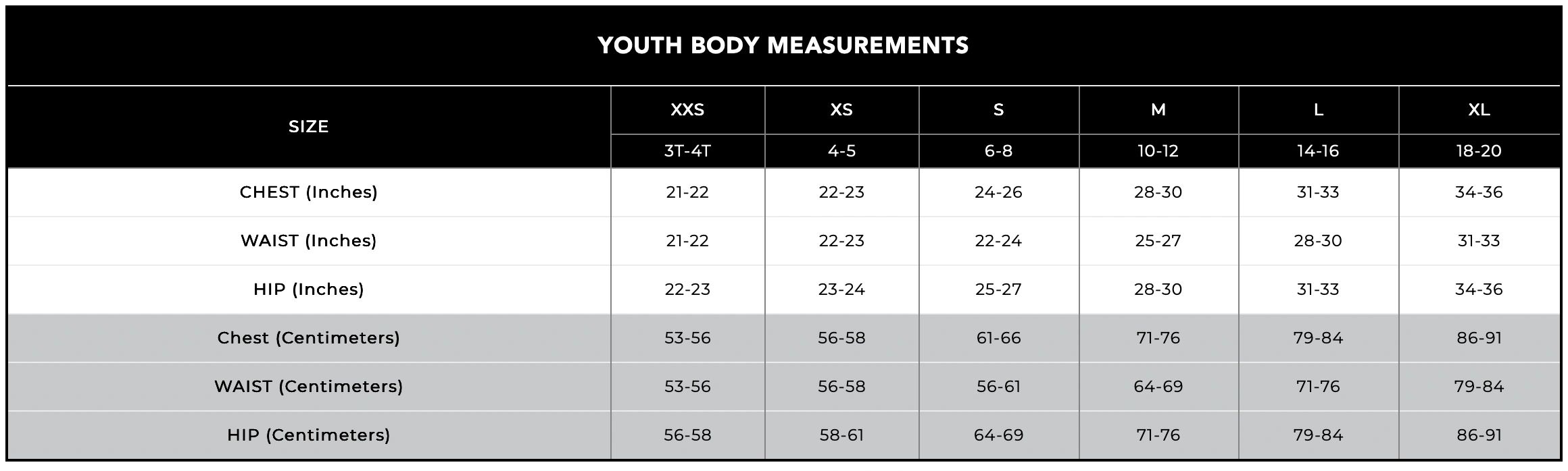Youth body measurement chart with sizes XXS to XL.